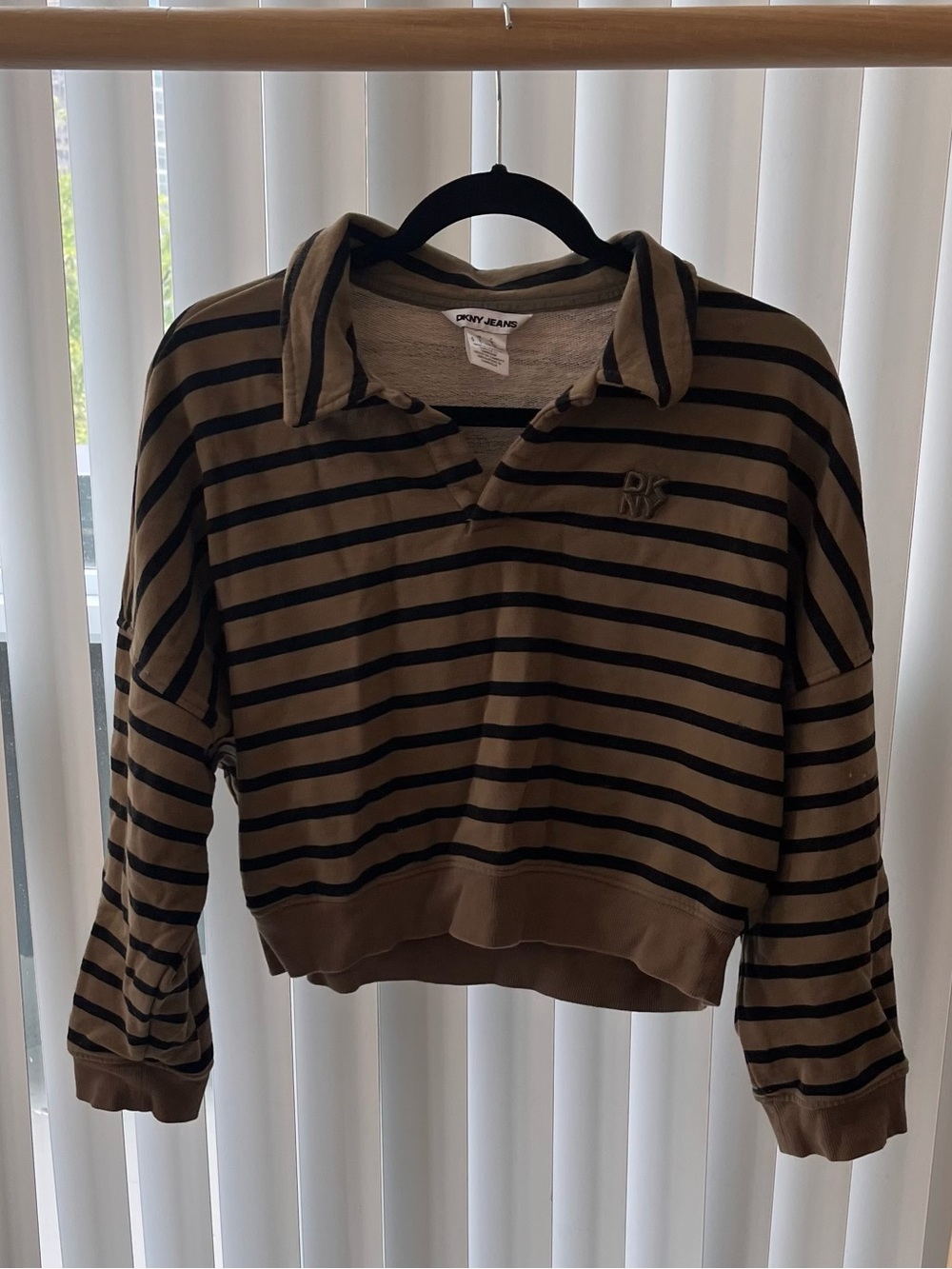 Women’s DKNY Striped Cropped Polo in Olive Green and Beige